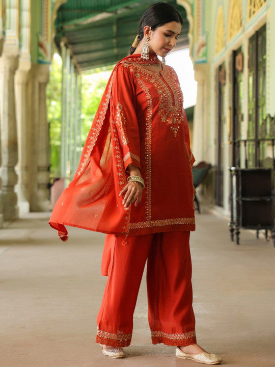 AUTUMN LANE Women Embroidered Regular Sequinned Kurta with Palazzos & Dupatta