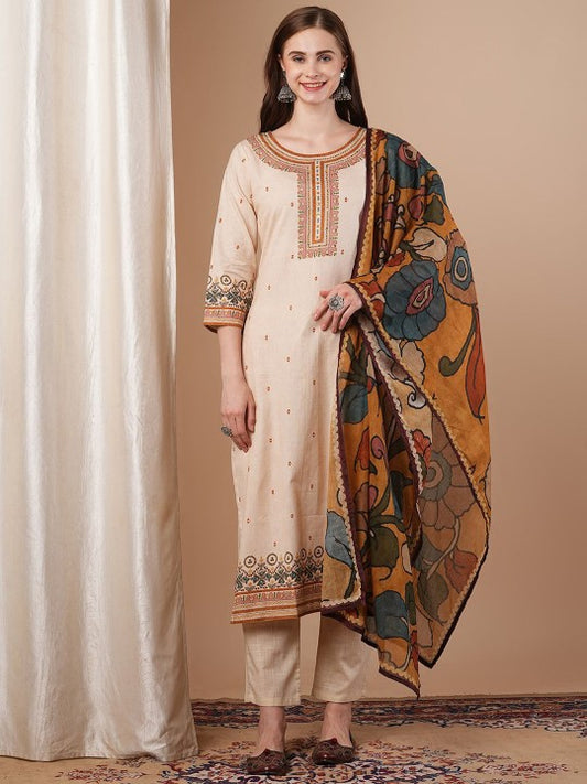 FASHOR Women Ethnic Motifs Printed Thread Work Pure Cotton Kurta with Trousers & Dupatta