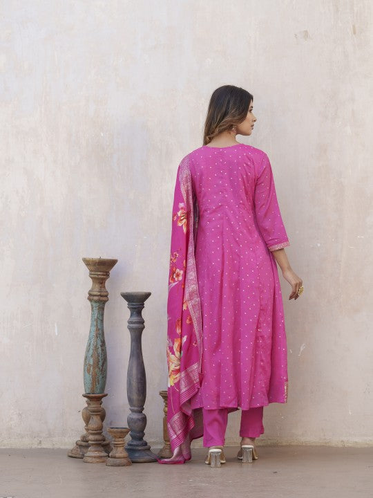 House of Pataudi Bandhani Printed V-Neck Panelled Anarkali Kurta