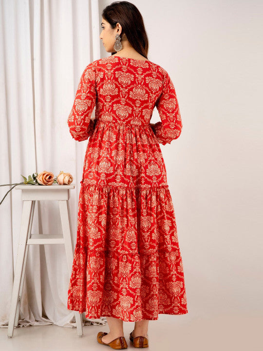 VARICOS Ethnic Motifs Printed Tiered Maternity Fit and Flare Midi Ethnic Dress