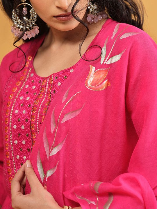 Ishin Women Embroidered Regular Beads and Stones Pure Cotton Kurta & Trousers With Dupatta
