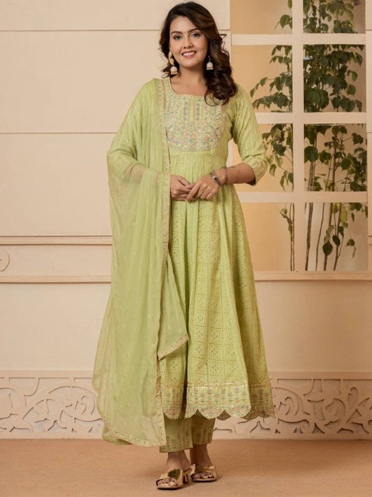 Varanga Mirror Embroidered Pure Cotton Schiffli Anarkali Kurta With Trousers And Dupatta