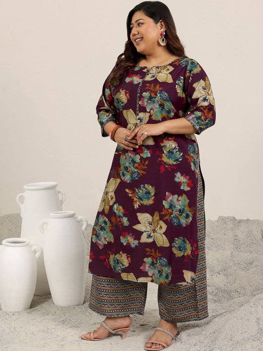 EXTRA LOVE BY LIBAS Plus Size Floral Printed Straight Kurta With Palazzo & Dupatta