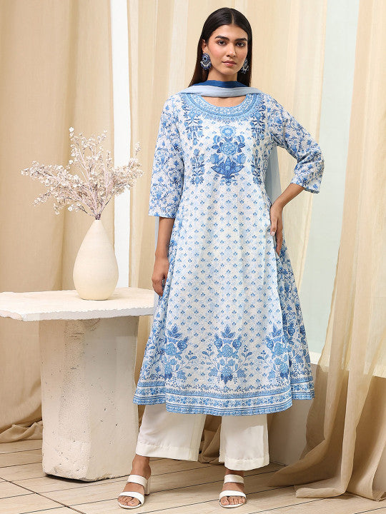 Biba Women Floral Printed Regular Pure Cotton Kurta with Palazzos & With Dupatta