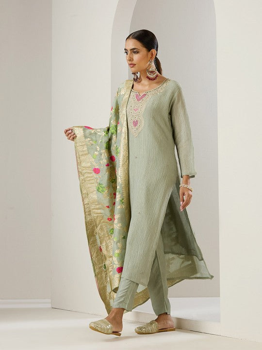 Ishin Green Ethnic Motifs Embroidered Chanderi Silk Straight Kurta