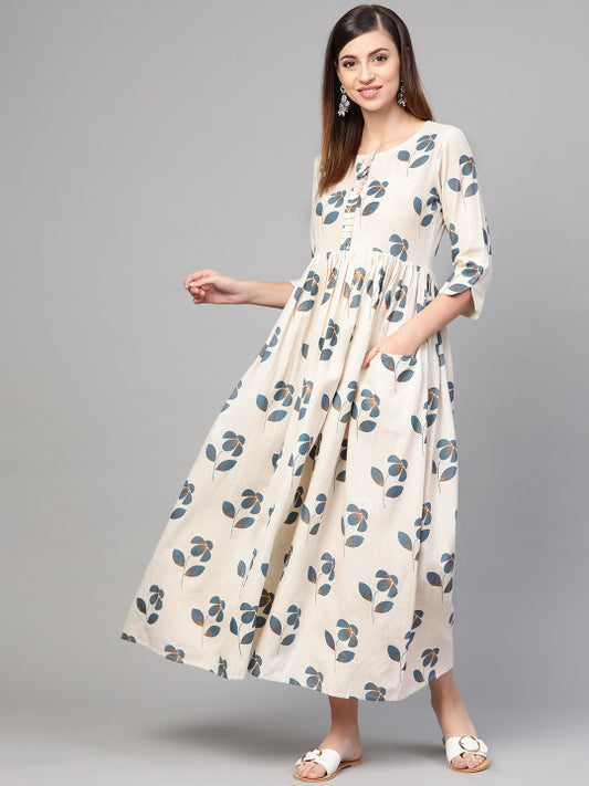 Idalia Women Off-White & Blue Floral Printed Maxi Dress
