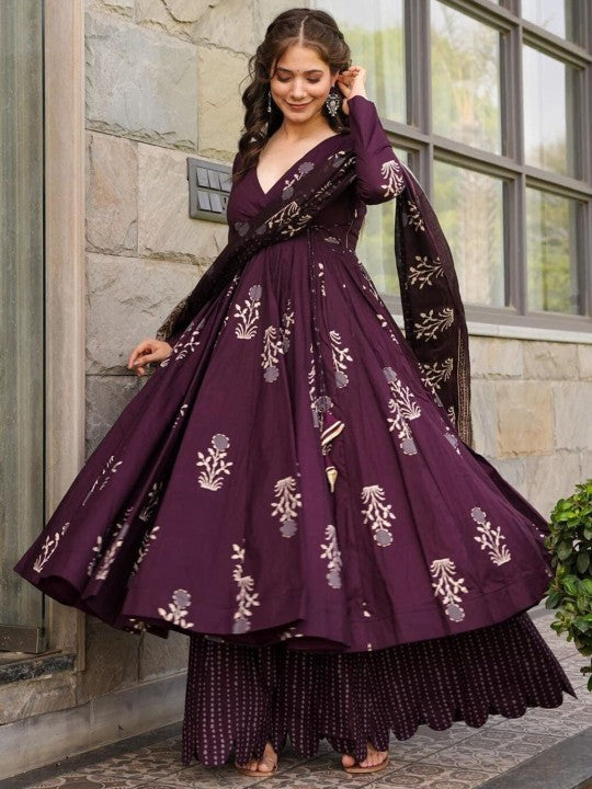 Idaho Clothing Women Ethnic Motifs Printed Layered Pure Cotton Kurta with Palazzos & With Dupatta