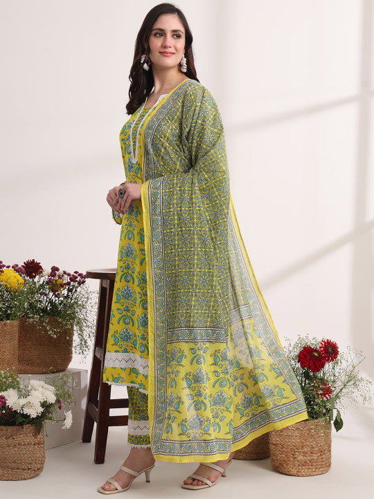 Yufta Floral Printed Pure Cotton Straight Kurta with Trousers & Dupatta