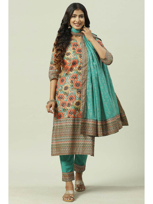 Green &amp; Multi Floral Printed Kurta (Set of 3)
