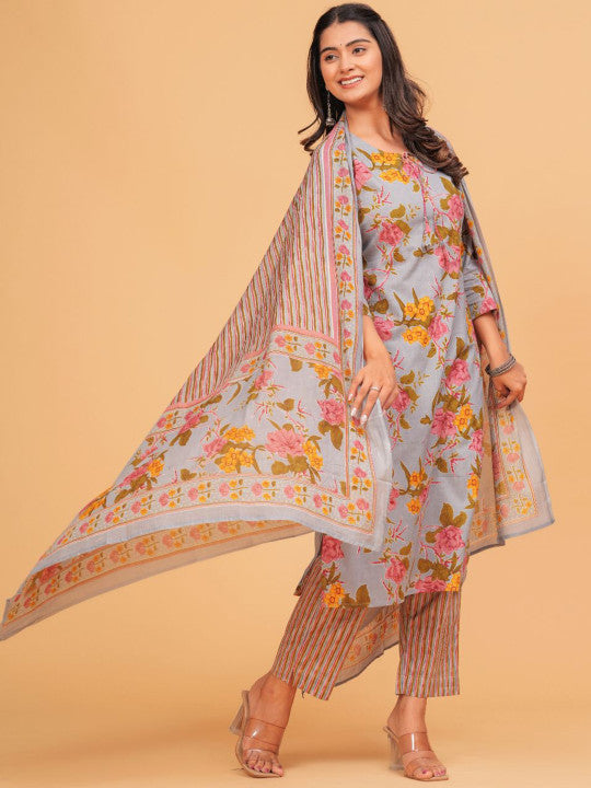 TANISHA Floral Printed Tie-Up Neck Three-Quarter Sleeves Regular Kurta & Trouser & Dupatta