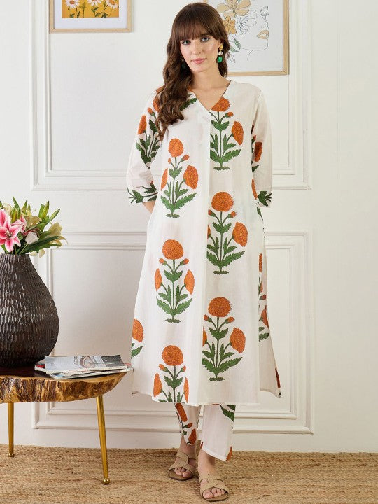 Indo Era Printed Cotton V Neck Top With Trousers Co-Ords