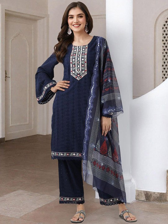Ishin Floral Embroidered Pure Cotton Straight Kurta With Trouser & Dupatta
