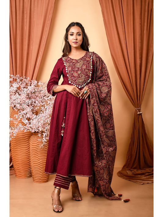 Gorgeous Wine Cotton Hand Embroidered Anarkali Kurta