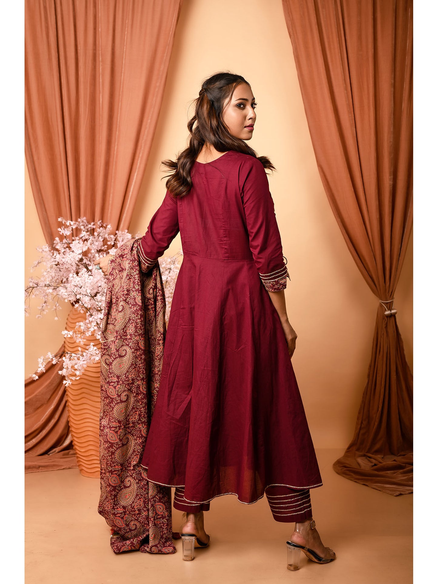Gorgeous Wine Cotton Hand Embroidered Anarkali Kurta