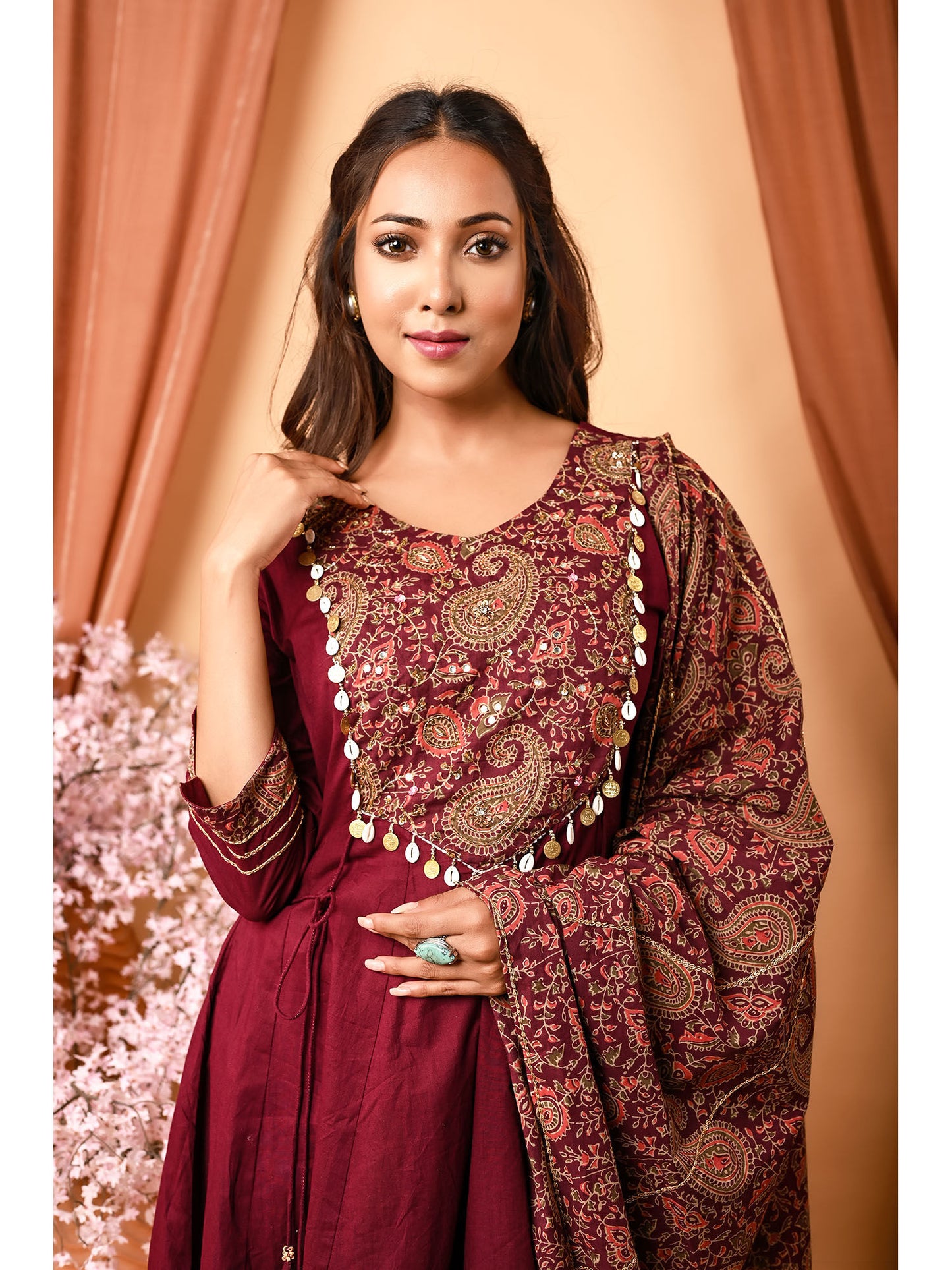 Gorgeous Wine Cotton Hand Embroidered Anarkali Kurta