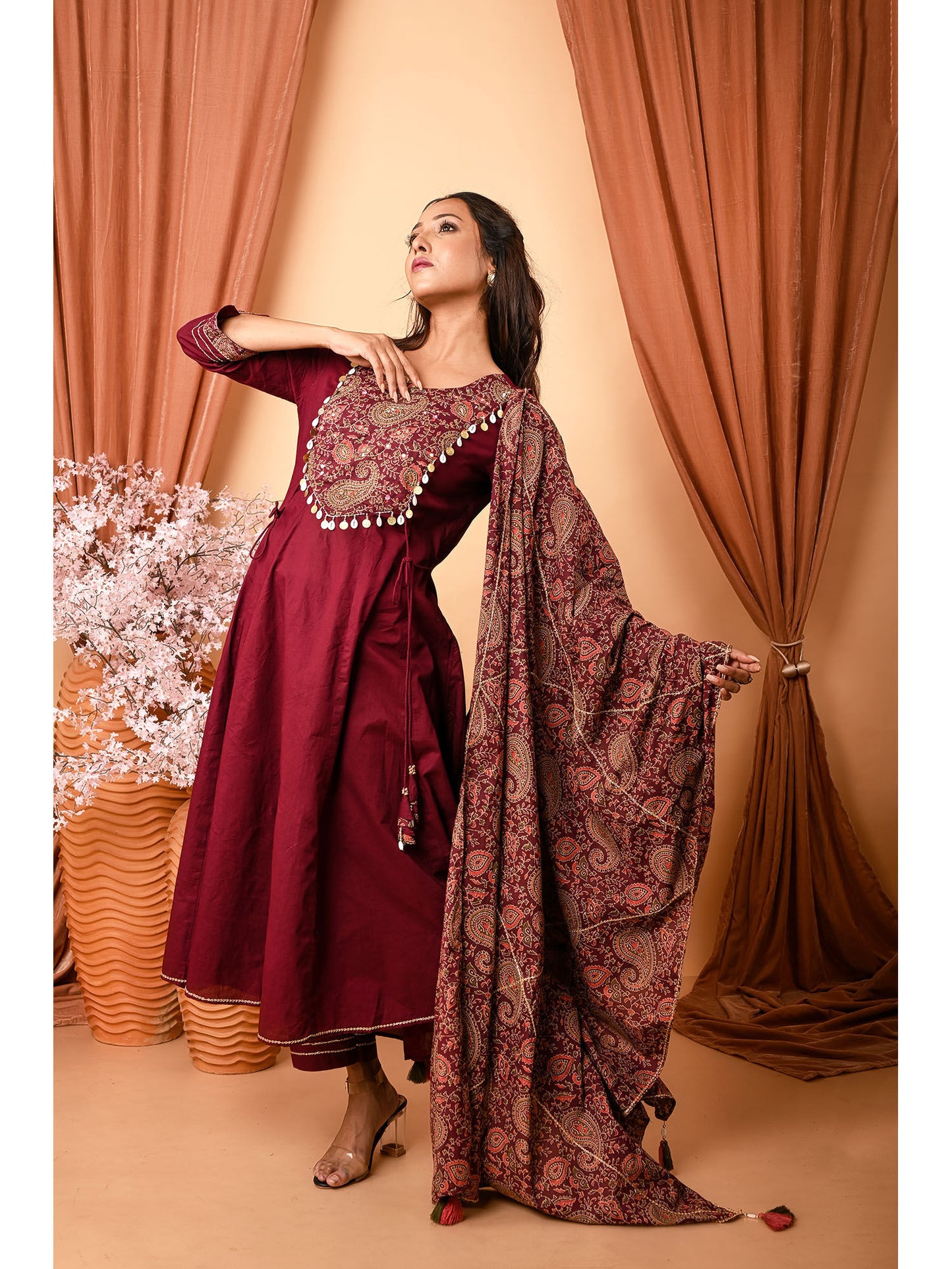 Gorgeous Wine Cotton Hand Embroidered Anarkali Kurta