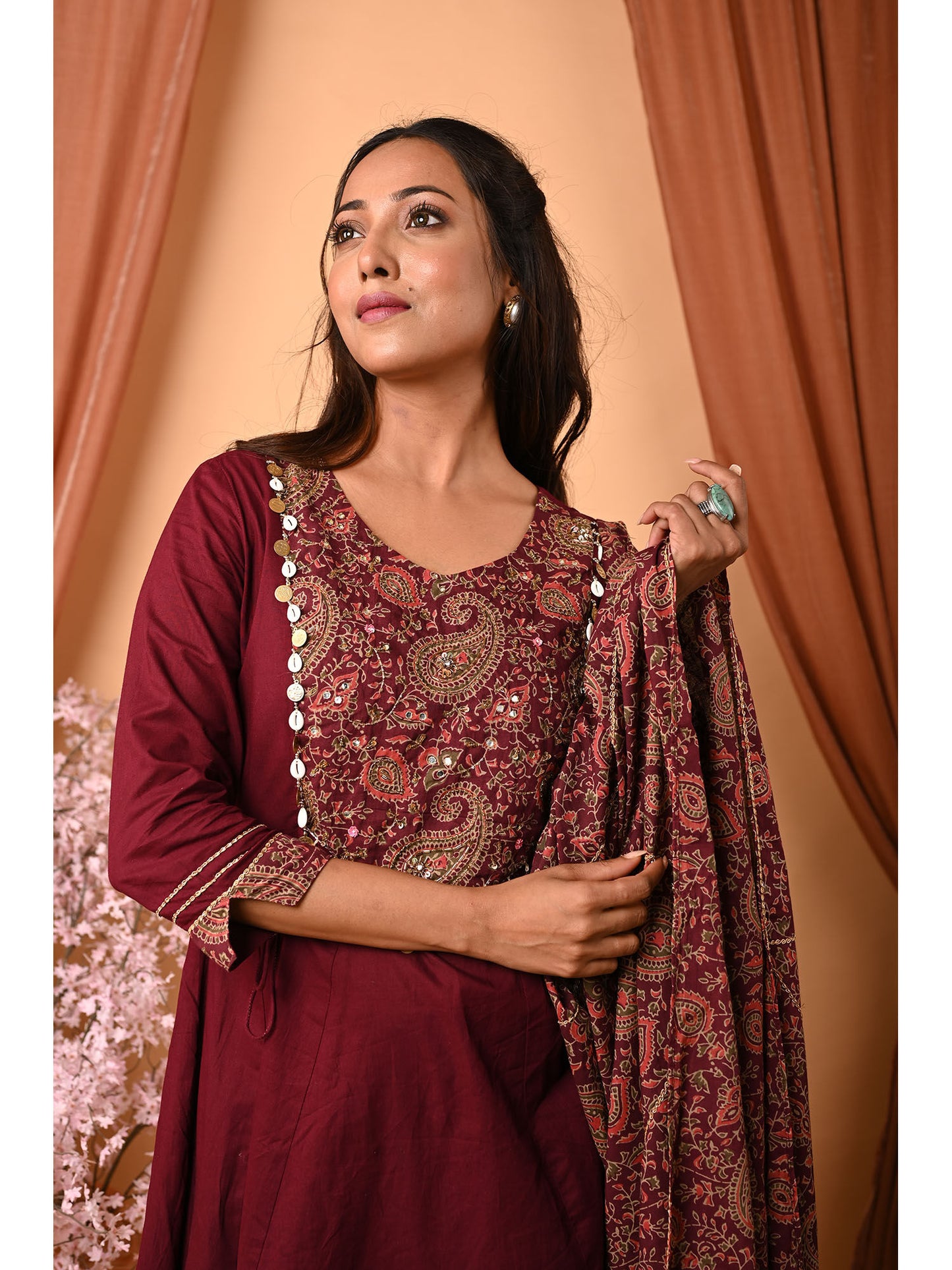 Gorgeous Wine Cotton Hand Embroidered Anarkali Kurta