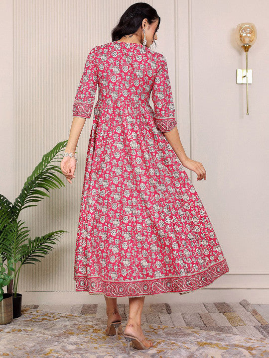 GULAB CHAND TRENDS Floral Printed Notch Neck Cotton Fit & Flare Midi Ethnic Dress