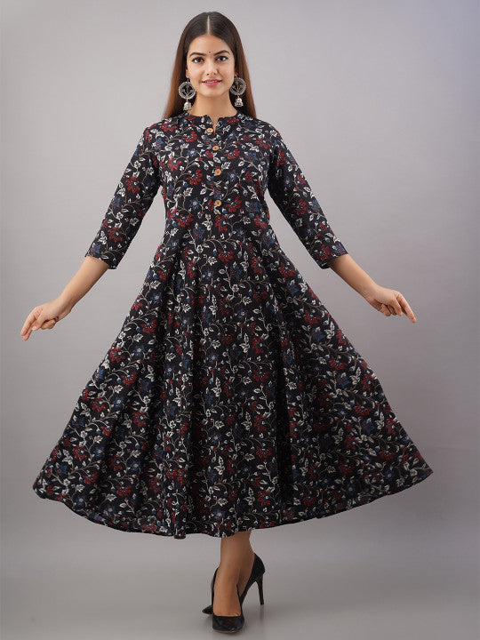 Floral Printed Pure Cotton Fit and Flare Ethnic Dress