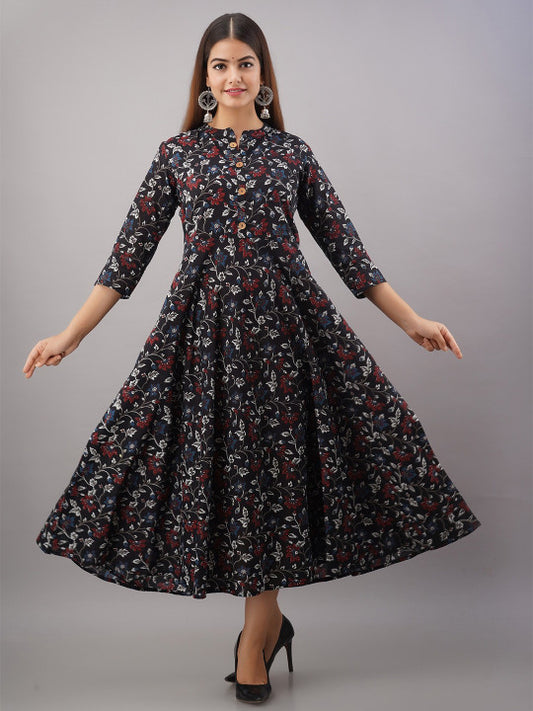 Floral Printed Pure Cotton Fit and Flare Ethnic Dress