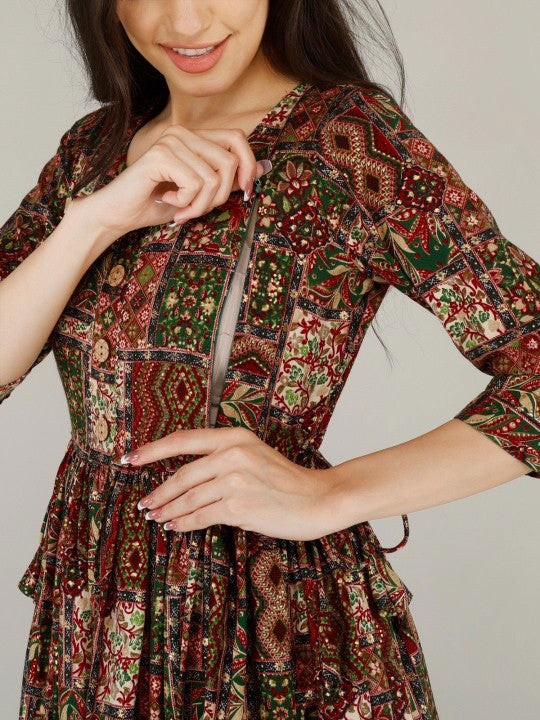SupBir Foil Printed Maternity Maxi Ethnic Dress