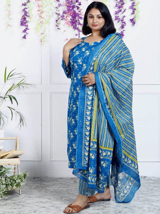 Swasti Women Floral Printed Regular Sequinned Pure Cotton Kurta with Trousers & With Dupatta
