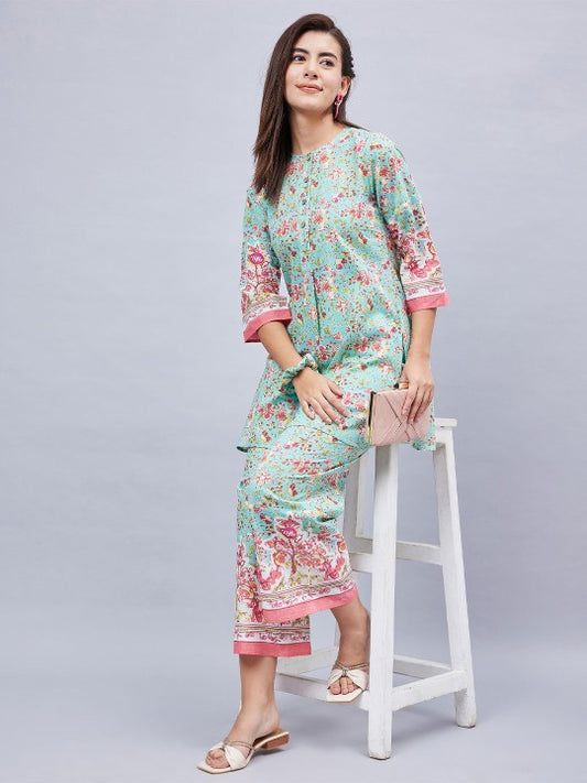 WineRed Floral Printed Round Neck Pure Cotton Top With Trouser & Scrunchie