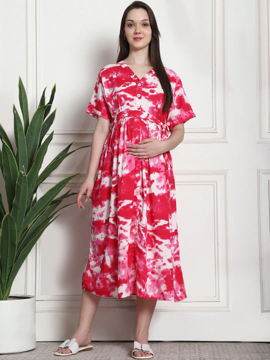 Printed Maternity A-Line Midi Dress