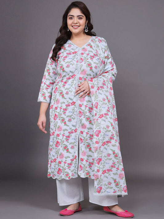 Tissu Plus Size Floral Printed Pure Cotton Straight Kurta With Palazzos & Dupatta