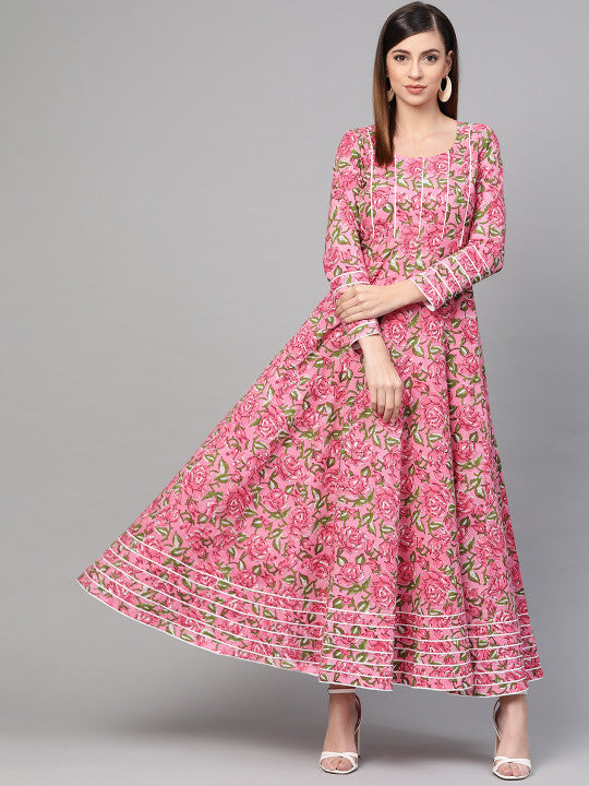 Idalia Women Pink & Green Hand Block Print Maxi Dress