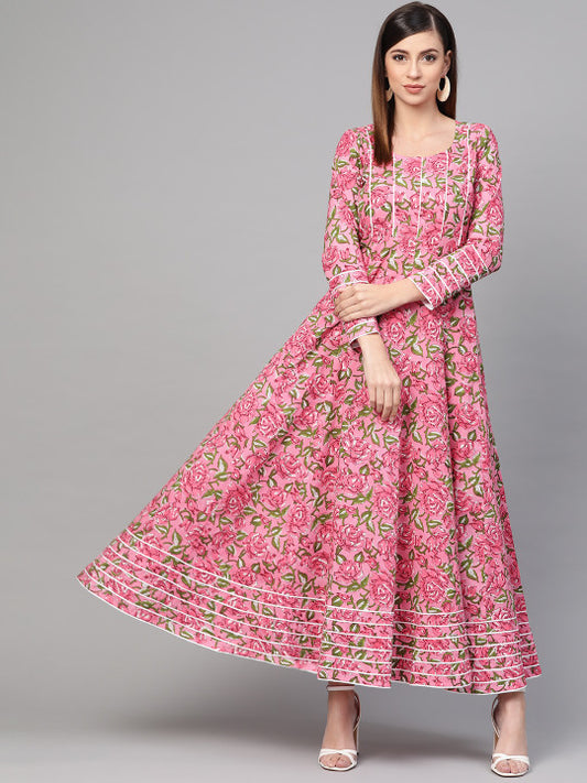 Idalia Women Pink & Green Hand Block Print Maxi Dress