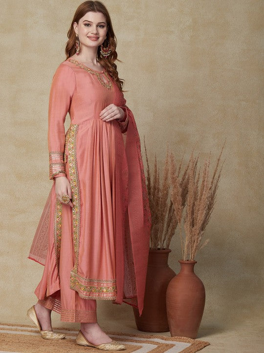 FASHOR Peach-Coloured Floral Embroidered Gotta Patti Kurta