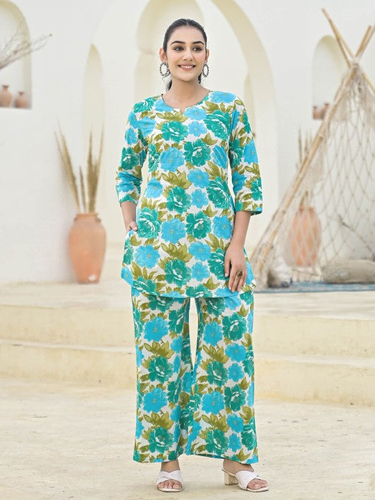 Floral Printed Pure Cotton Tunic With Palazzo