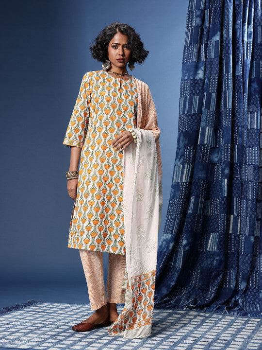 Taavi Bagru Floral Printed Pure Cotton Kurta with Trousers & Dupatta