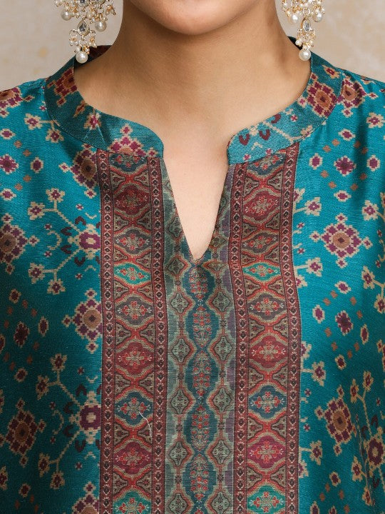 Varanga Women Printed Regular Chanderi Silk Kurta with Trousers & With Dupatta