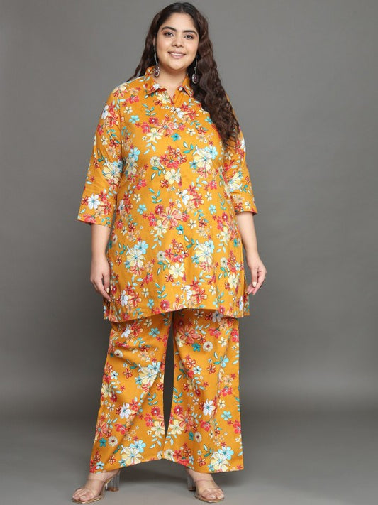 Tissu Plus Size Floral Printed Shirt Collar Ethnic Pure Cotton Top with Palazzos