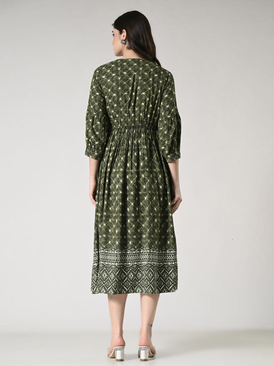 Aaruvi Ruchi Verma Ethnic Motifs Printed Green  Maternity Fit and Flare Midi Dress