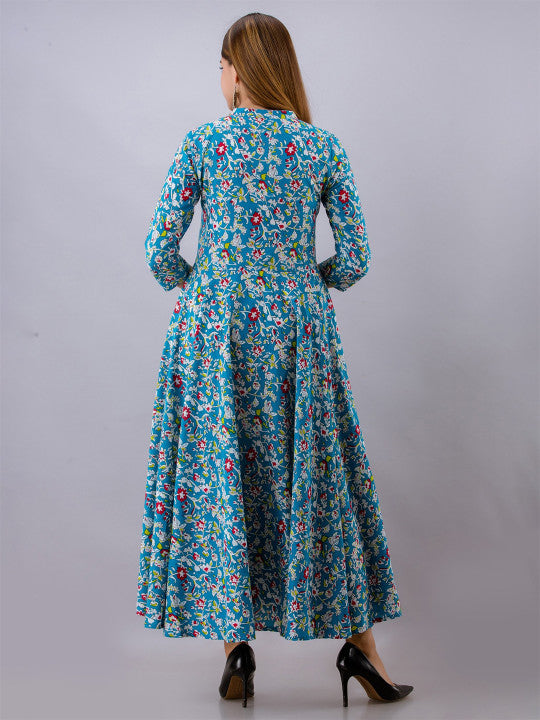Floral Printed Pure Cotton Fit and Flare Ethnic Dress