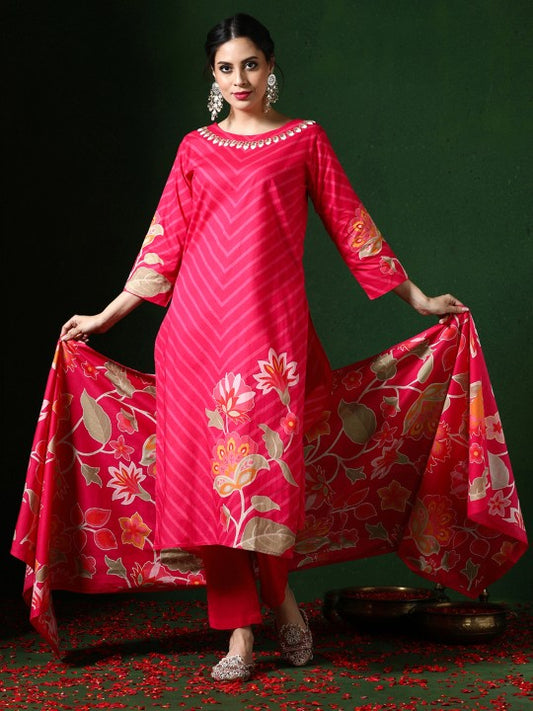 Jaipur Kurti Women Floral Printed  Thread Work  Kurta with Trousers & With Dupatta