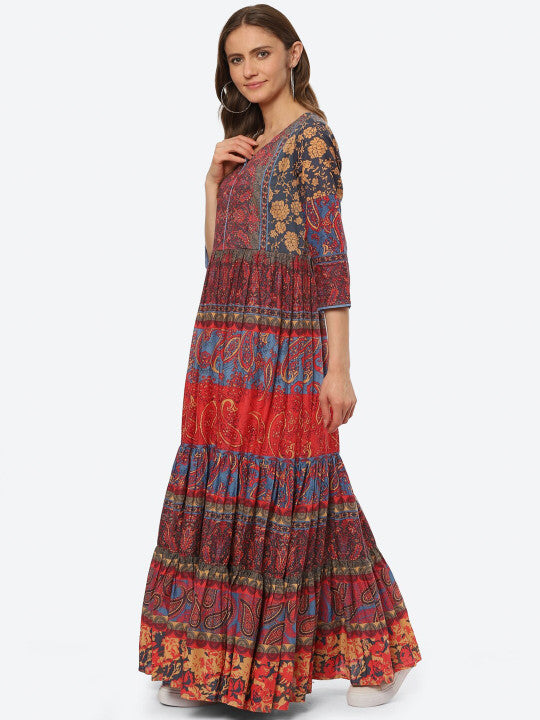 Biba Women Red & Blue Ethnic Motifs Printed Cotton A-Line Ethnic Dress