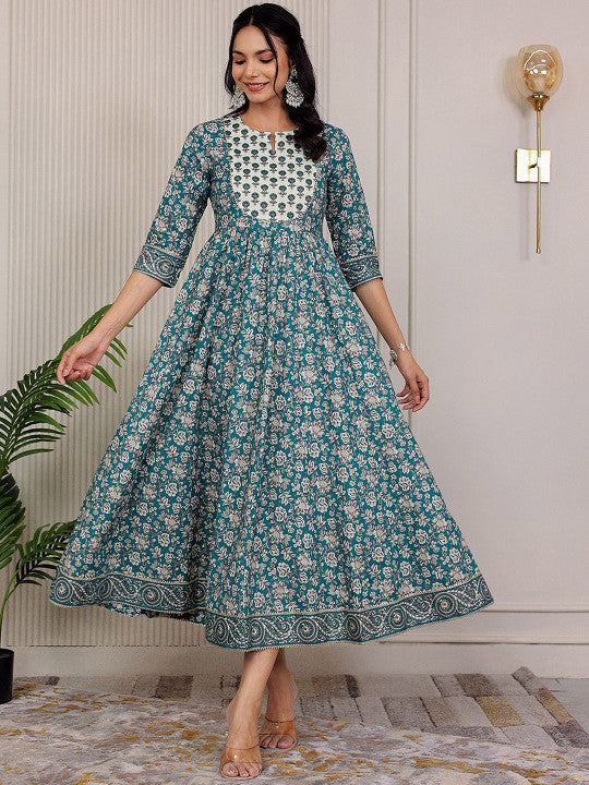 GULAB CHAND TRENDS Floral Printed Notch Neck Cotton Fit & Flare Midi Ethnic Dress