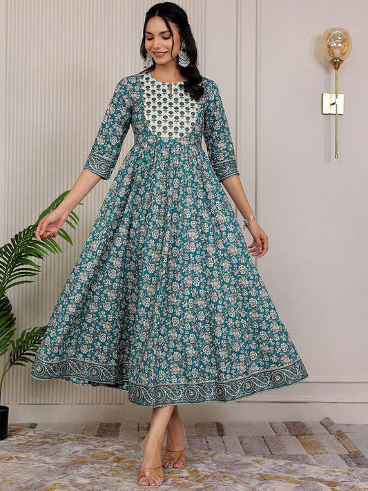 GULAB CHAND TRENDS Floral Printed Notch Neck Cotton Fit & Flare Midi Ethnic Dress