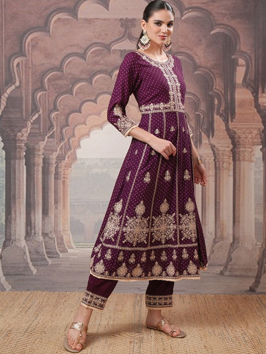 Vishudh Maroon Ethnic Motifs Embroidered Thread Work A-Line Kurta With Trousers & Dupatta