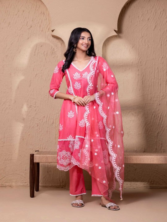 Floral Threadwork Lace Work schiffli Pure Cotton A Line Kurta With Palazzos & Dupatta