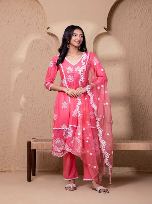 Floral Threadwork Lace Work schiffli Pure Cotton A Line Kurta With Palazzos & Dupatta
