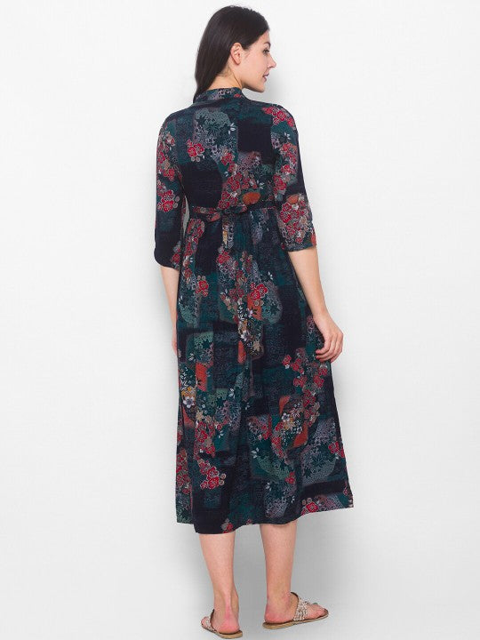 AV2 Green Floral Tie-Up Neck Maternity Empire Midi Dress