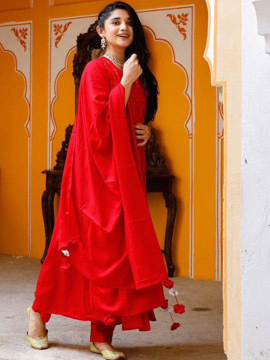Thread & Button Women Red Embroidered Kurta with Trousers & With Dupatta