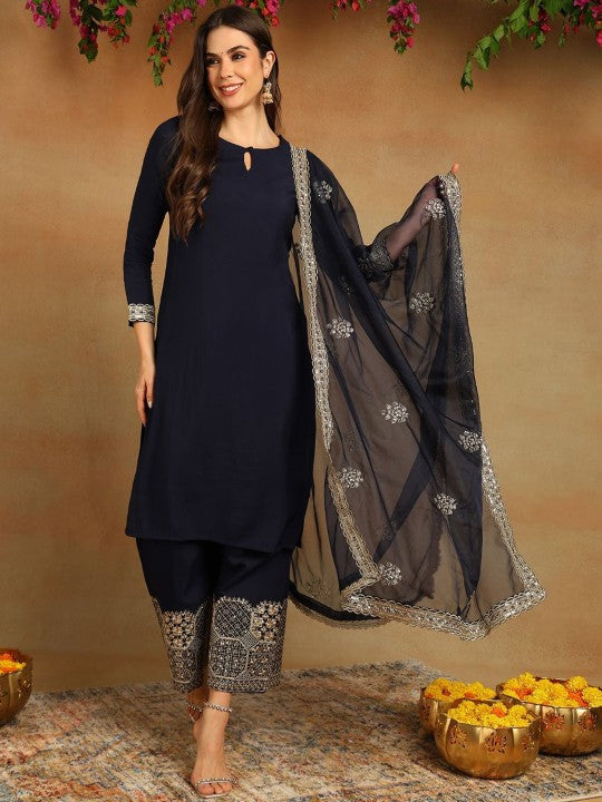 House of Pataudi Women Solid Embroidered Straight Kurta