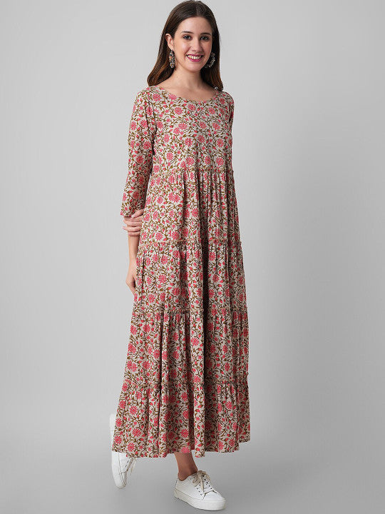Haute and Humble Floral Printed Pure Cotton Fit & Flare Ethnic Dress