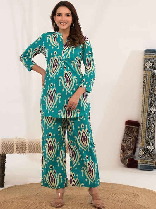 Printed Cotton V-Neck Tunic With Trousers Co-Ords